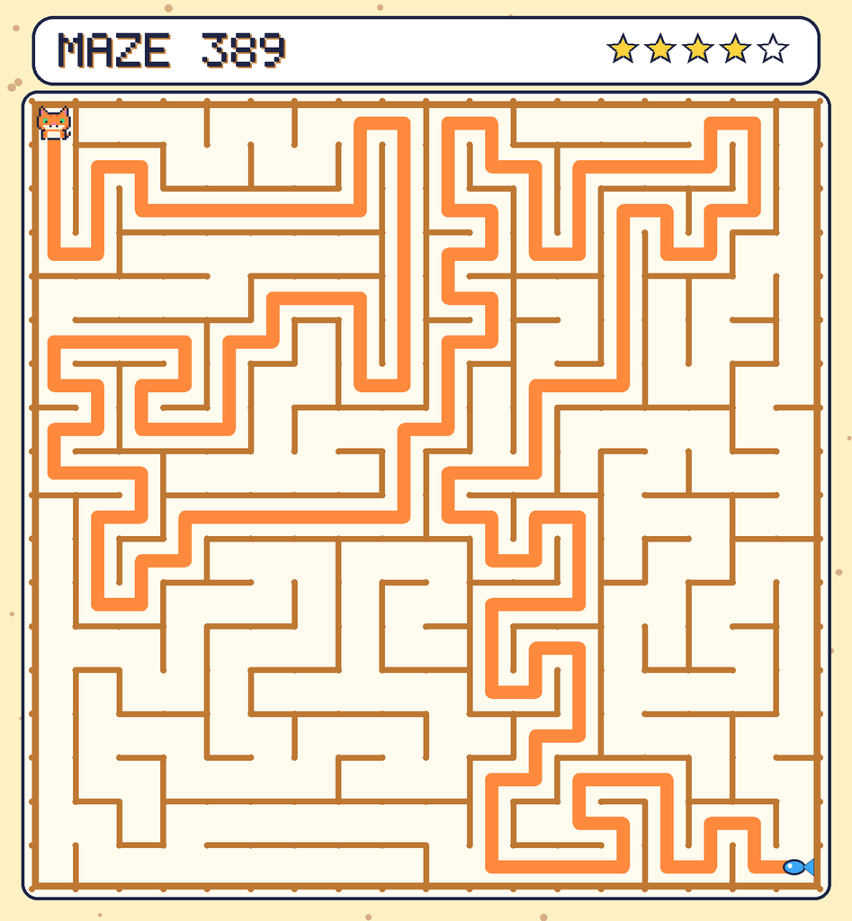 The solved maze 389 with the route drawn as an orange line.