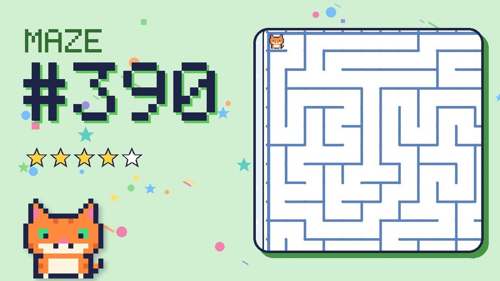 Maze 390 card: a corner of the snowy mountain maze with Pixel