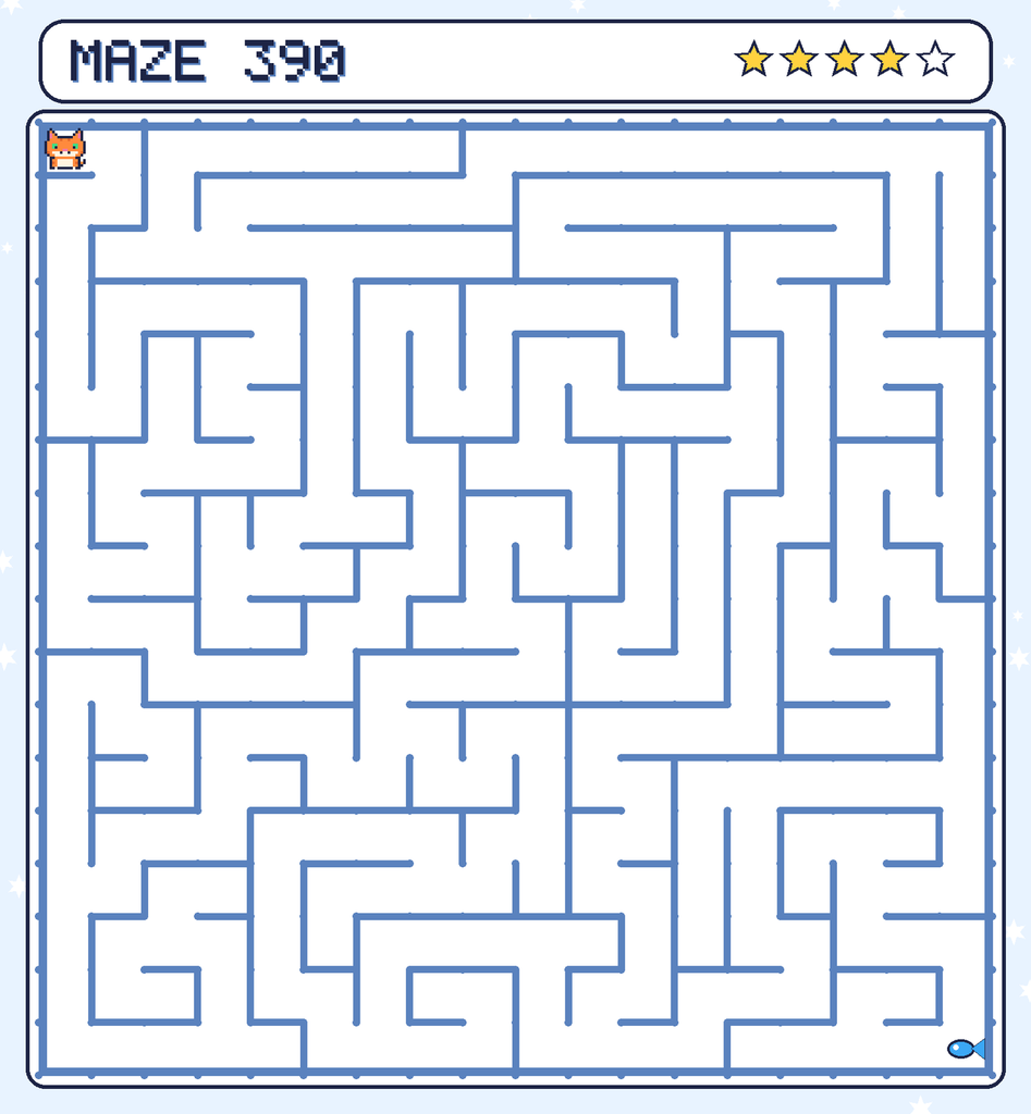 Maze 390. Pixel starts in the top-left corner. The fish is in the bottom-right corner.