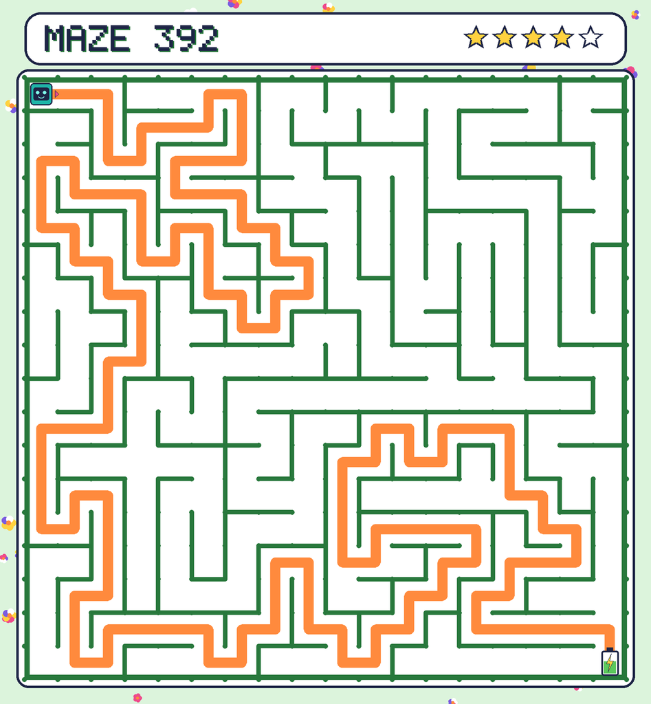 The solved maze 392 with the route drawn as an orange line.