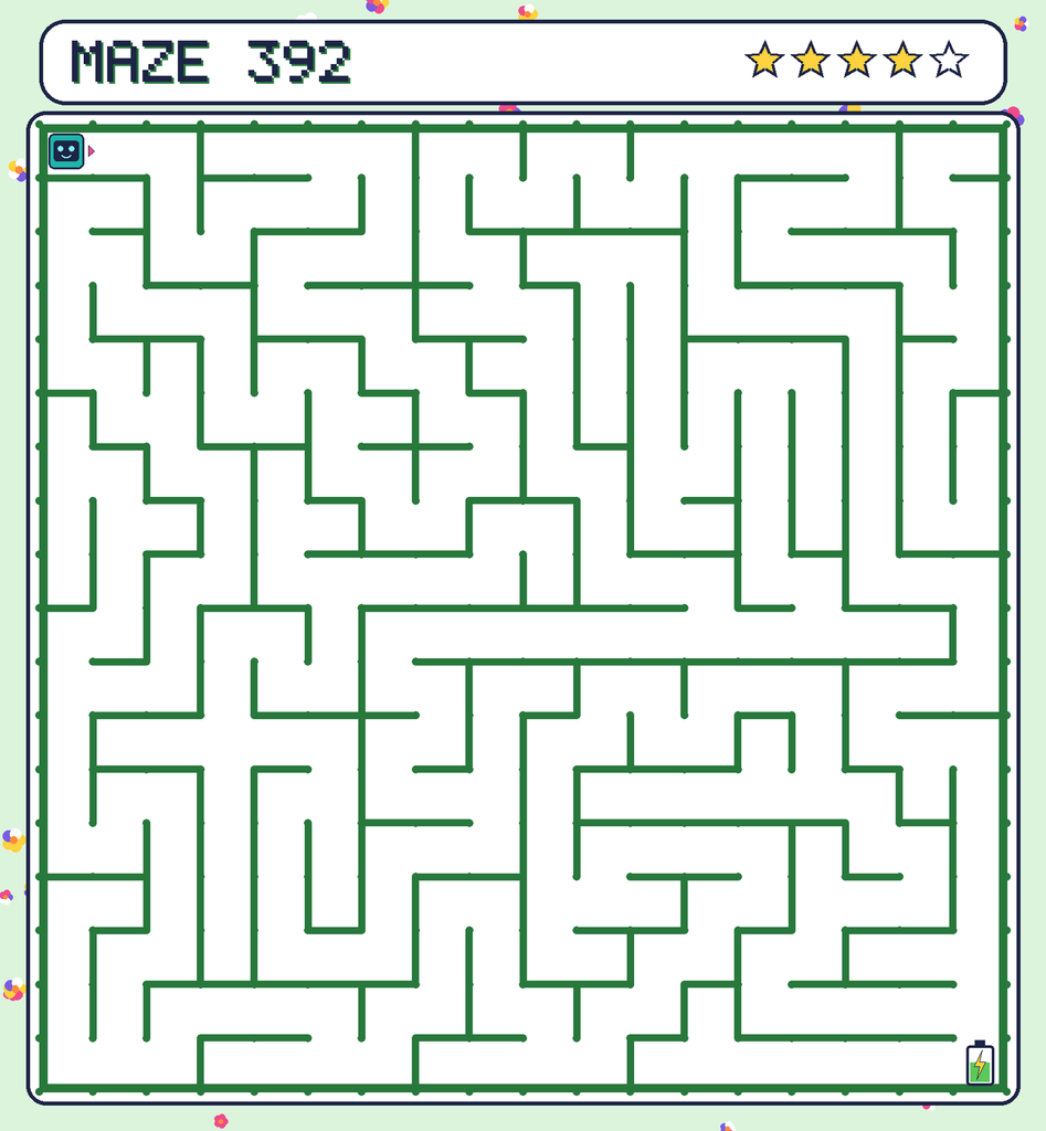 Maze 392. Beep starts in the top-left corner. The battery is in the bottom-right corner.