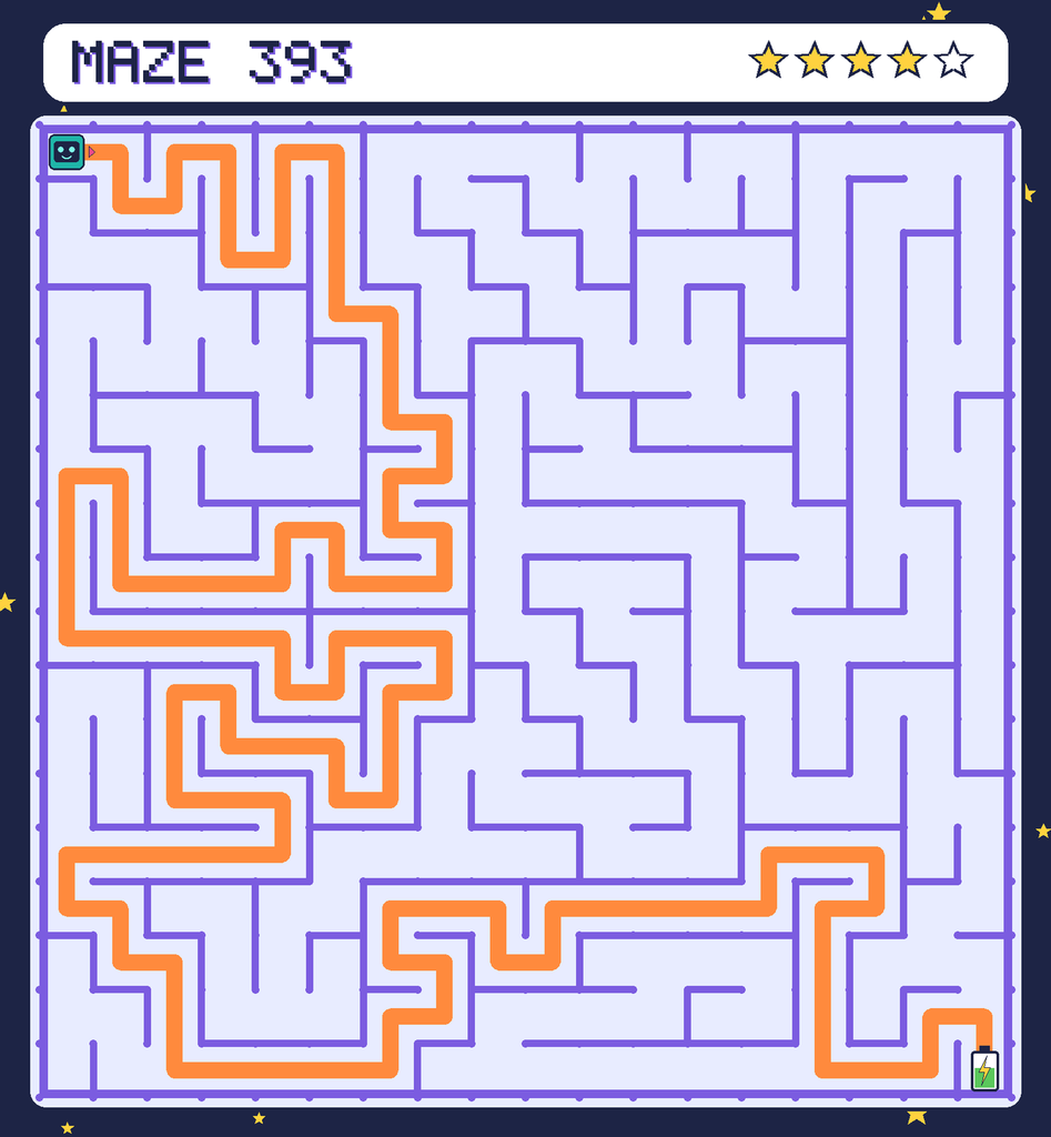 The solved maze 393 with the route drawn as an orange line.