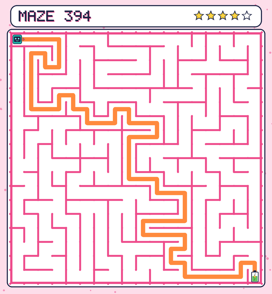 The solved maze 394 with the route drawn as an orange line.