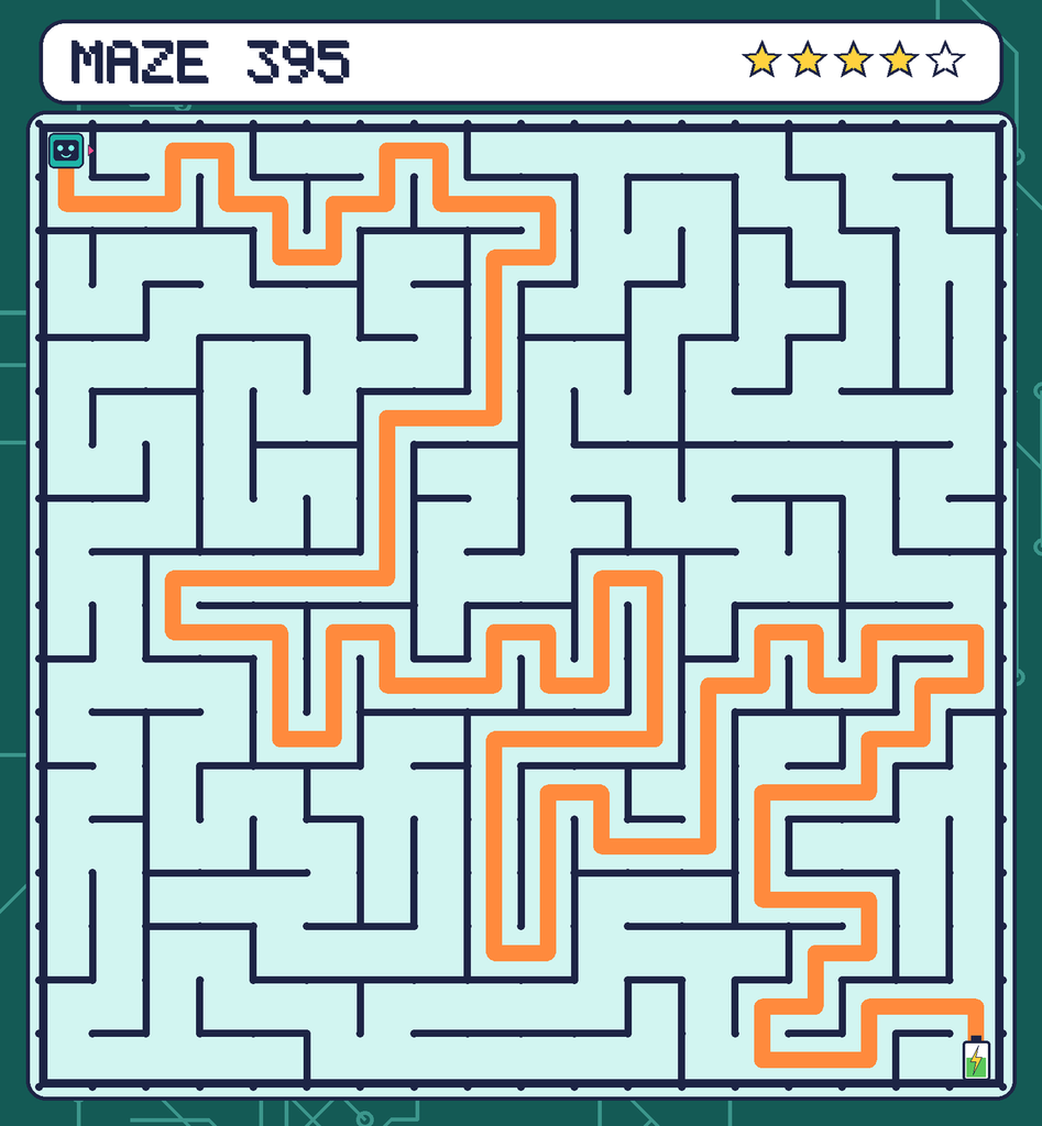 The solved maze 395 with the route drawn as an orange line.