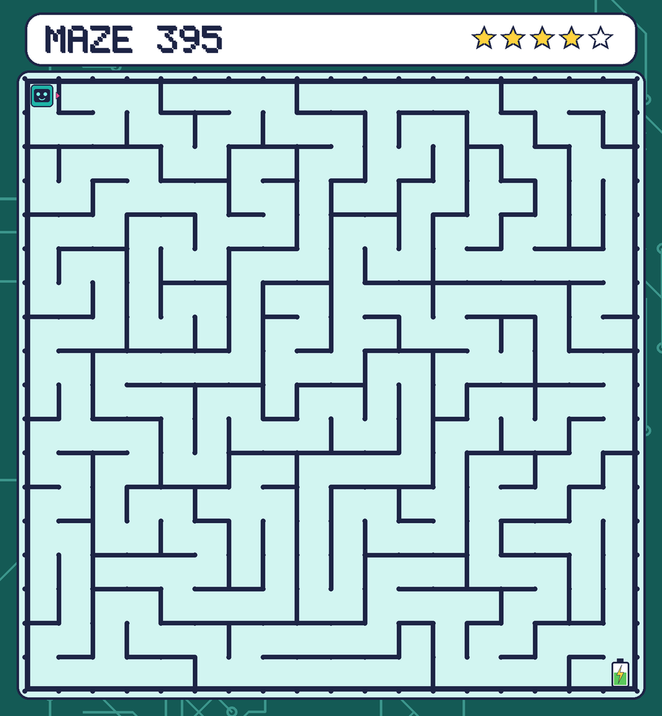 Maze 395. Beep starts in the top-left corner. The battery is in the bottom-right corner.