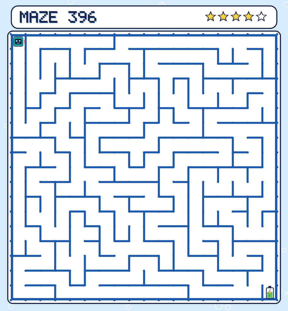 Maze 396. Beep starts in the top-left corner. The battery is in the bottom-right corner.