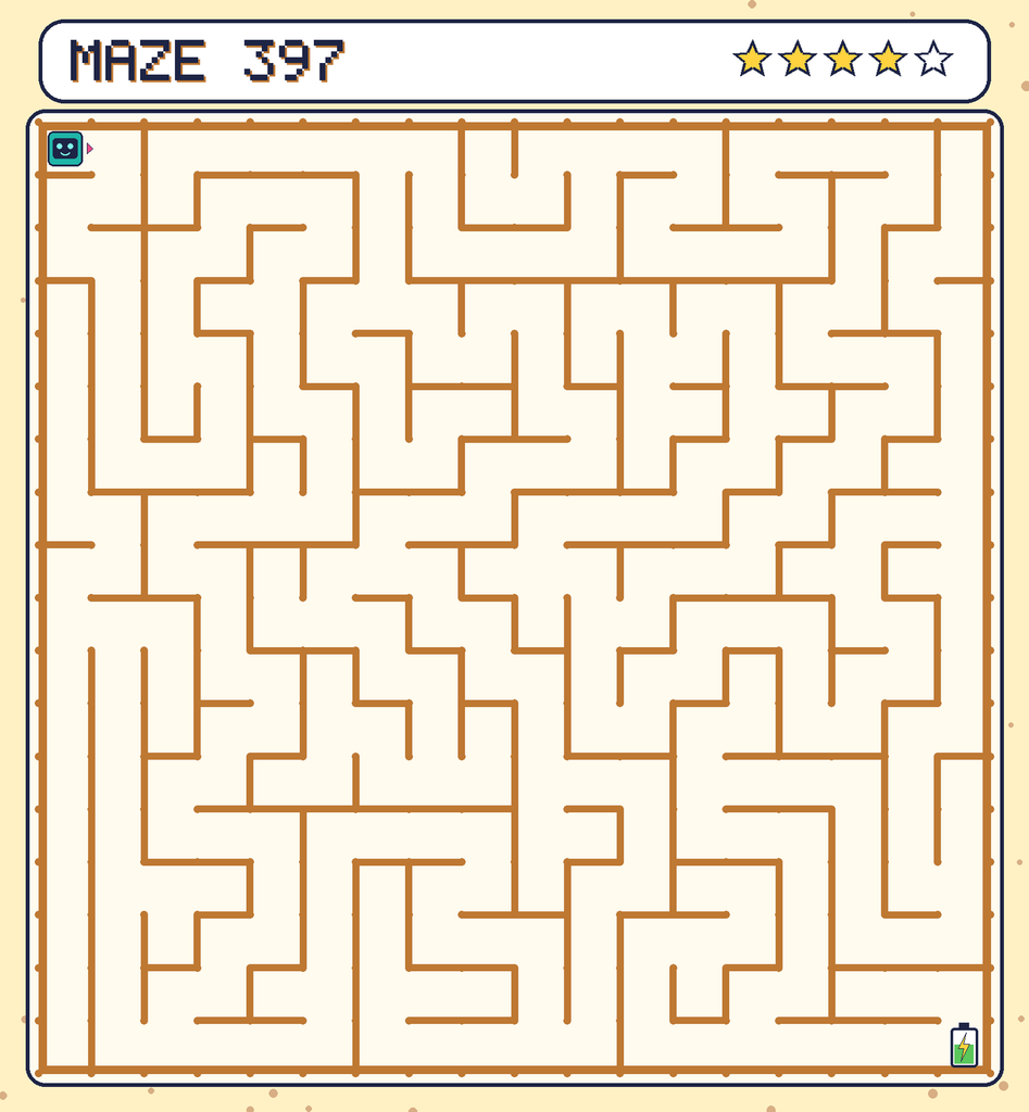 Maze 397. Beep starts in the top-left corner. The battery is in the bottom-right corner.