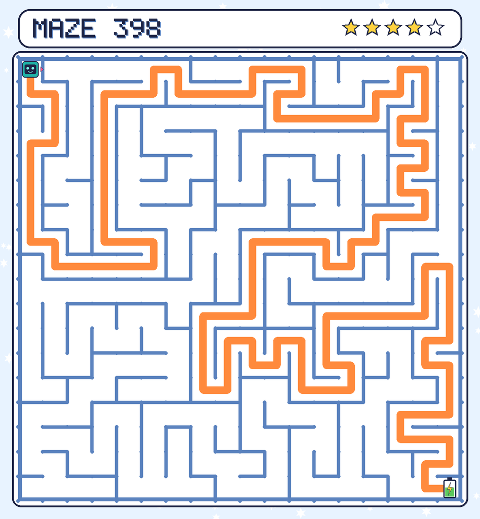 The solved maze 398 with the route drawn as an orange line.