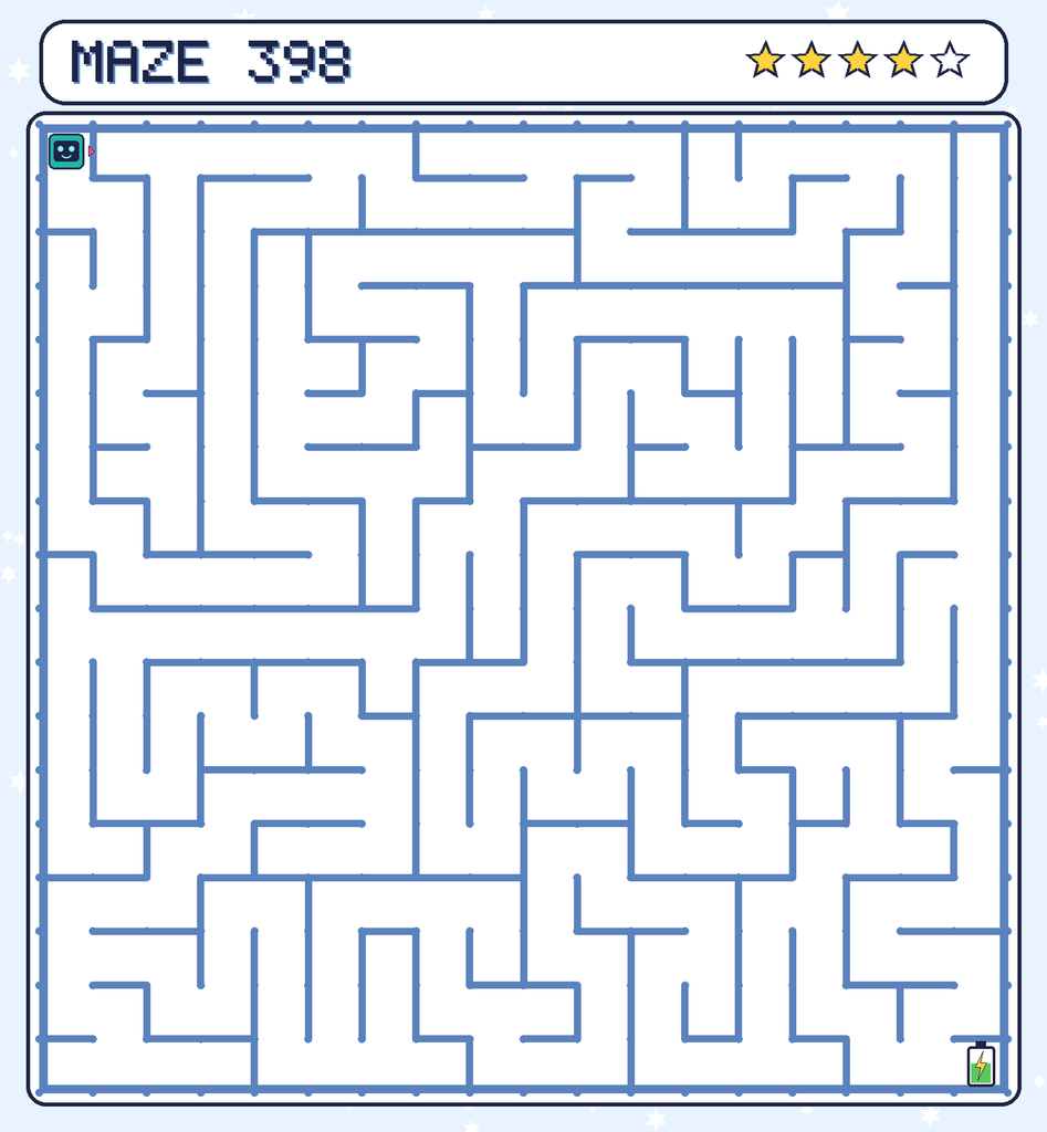 Maze 398. Beep starts in the top-left corner. The battery is in the bottom-right corner.