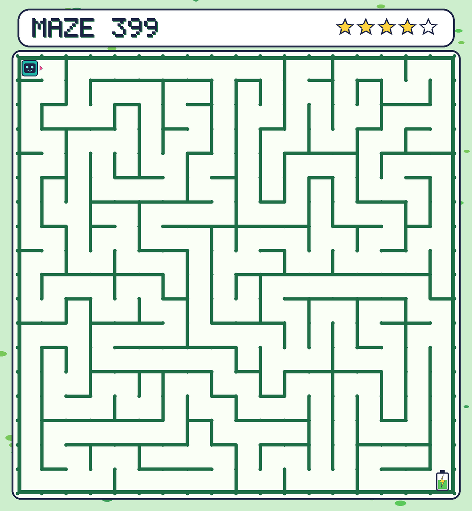 Maze 399. Beep starts in the top-left corner. The battery is in the bottom-right corner.