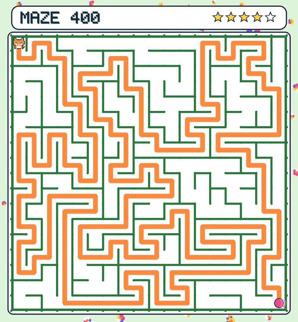 The solved maze 400 with the route drawn as an orange line.
