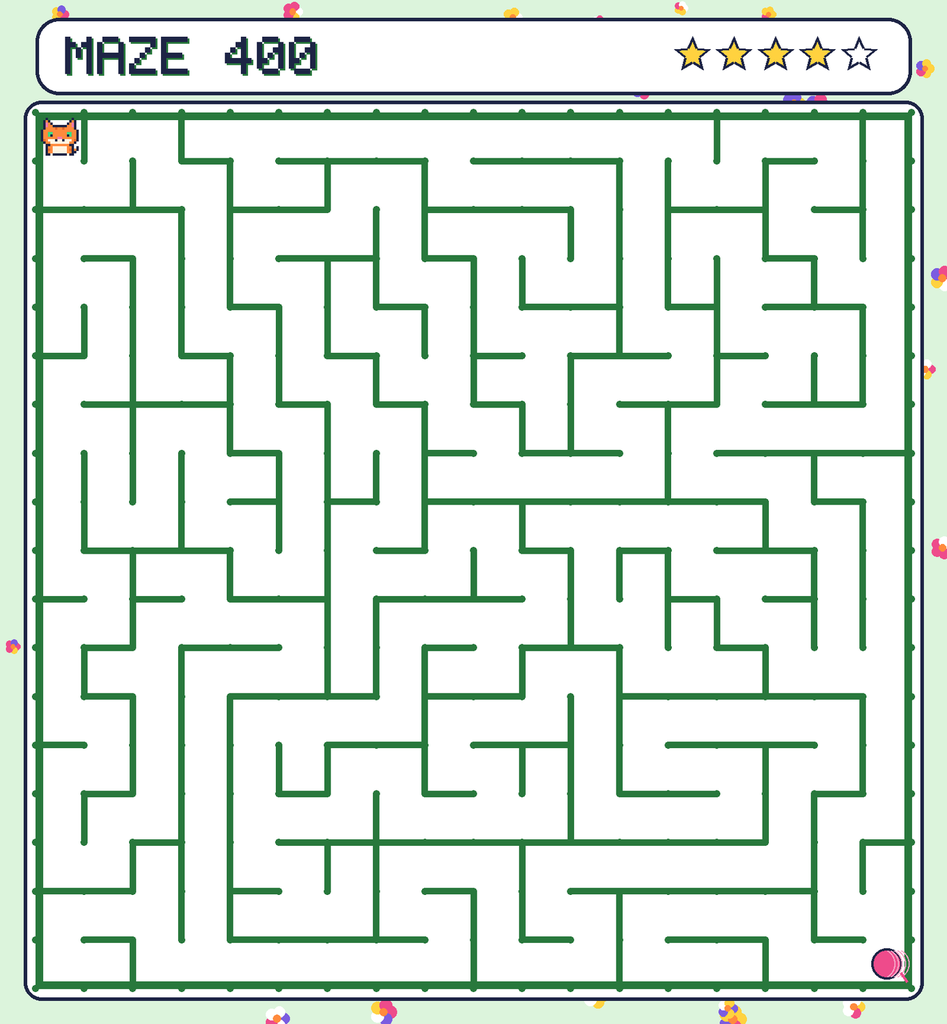 Maze 400. Pixel starts in the top-left corner. The ball of yarn is in the bottom-right corner.
