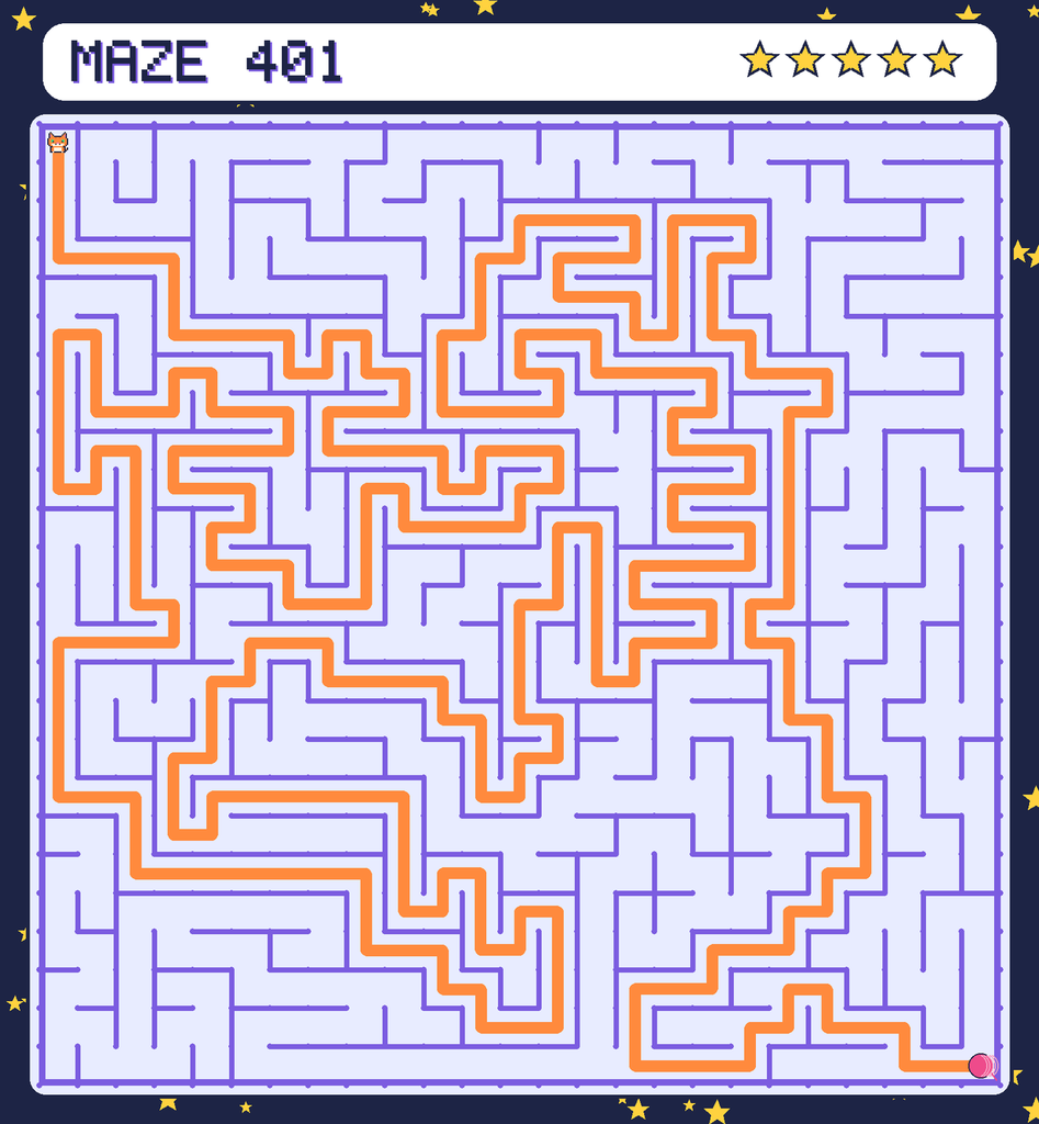 The solved maze 401 with the route drawn as an orange line.