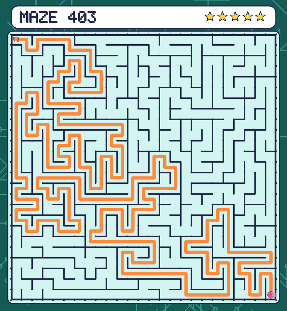 The solved maze 403 with the route drawn as an orange line.