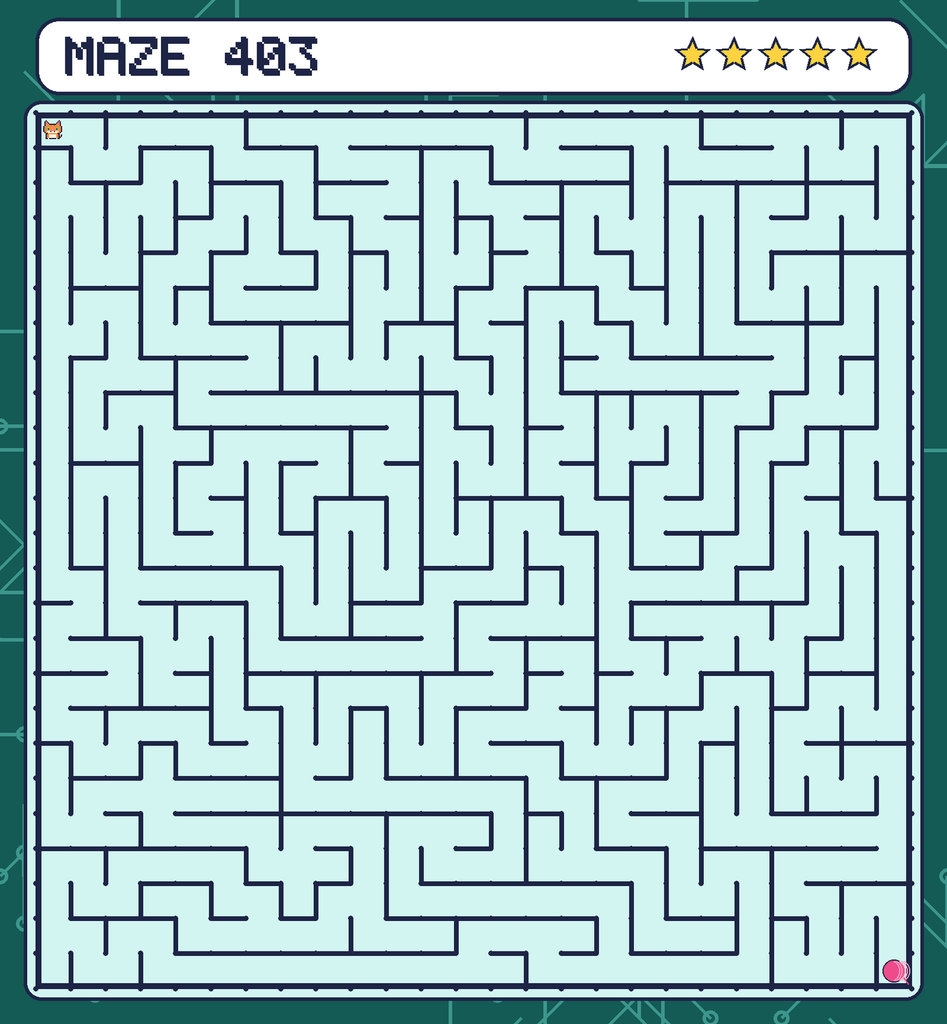 Maze 403. Pixel starts in the top-left corner. The ball of yarn is in the bottom-right corner.