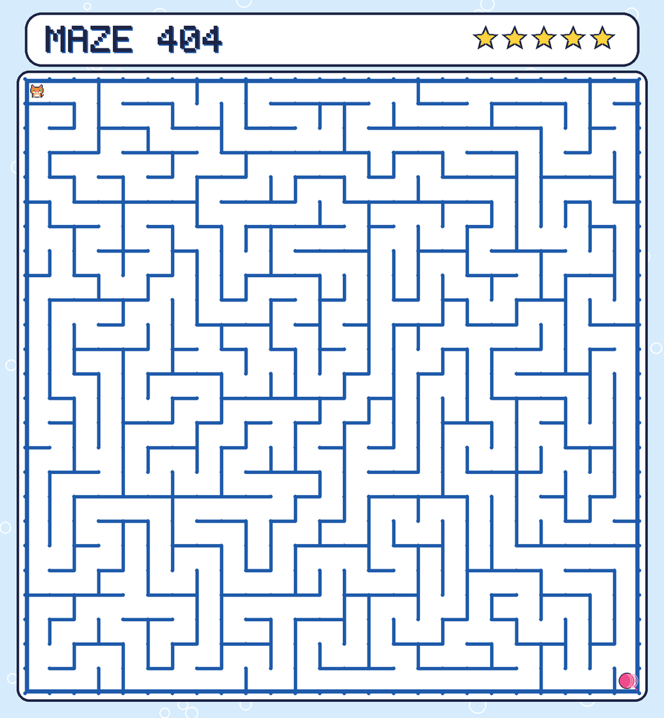 Maze 404. Pixel starts in the top-left corner. The ball of yarn is in the bottom-right corner.