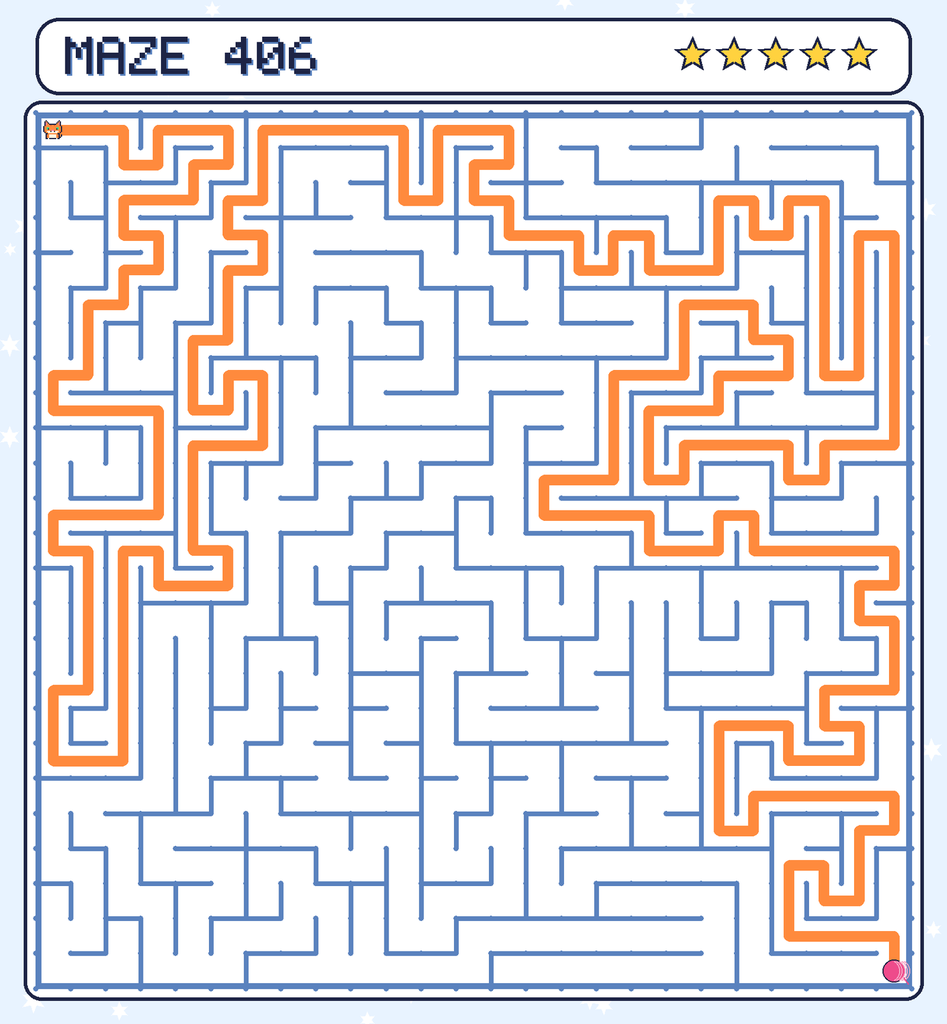 The solved maze 406 with the route drawn as an orange line.