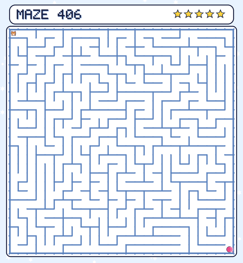 Maze 406. Pixel starts in the top-left corner. The ball of yarn is in the bottom-right corner.