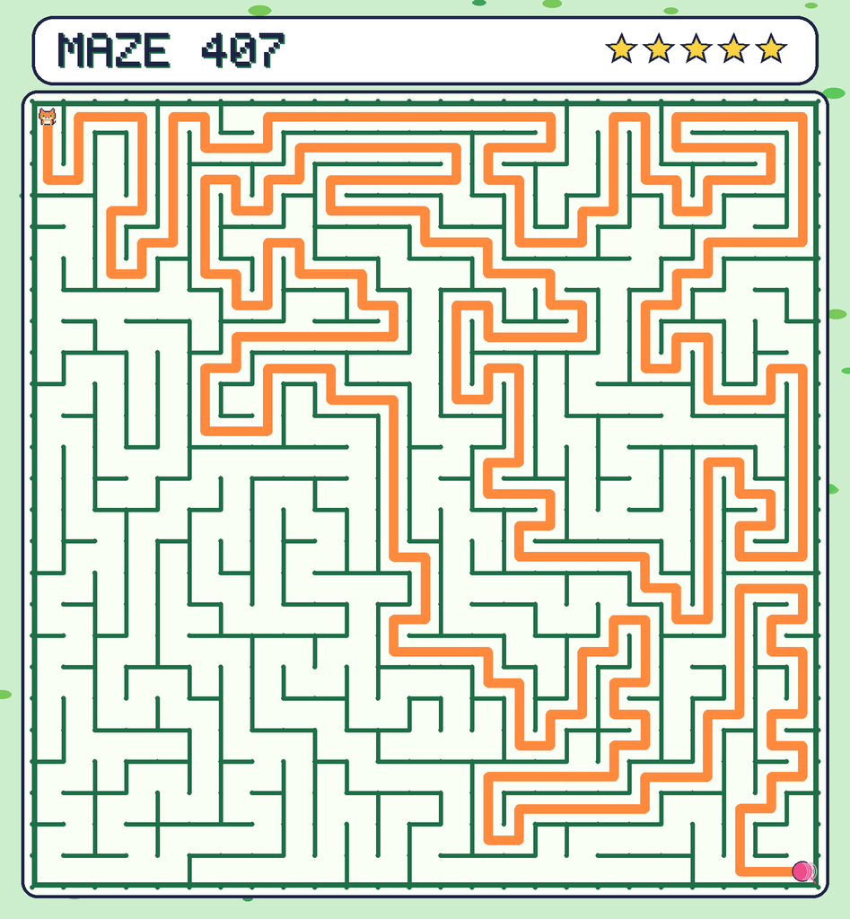 The solved maze 407 with the route drawn as an orange line.