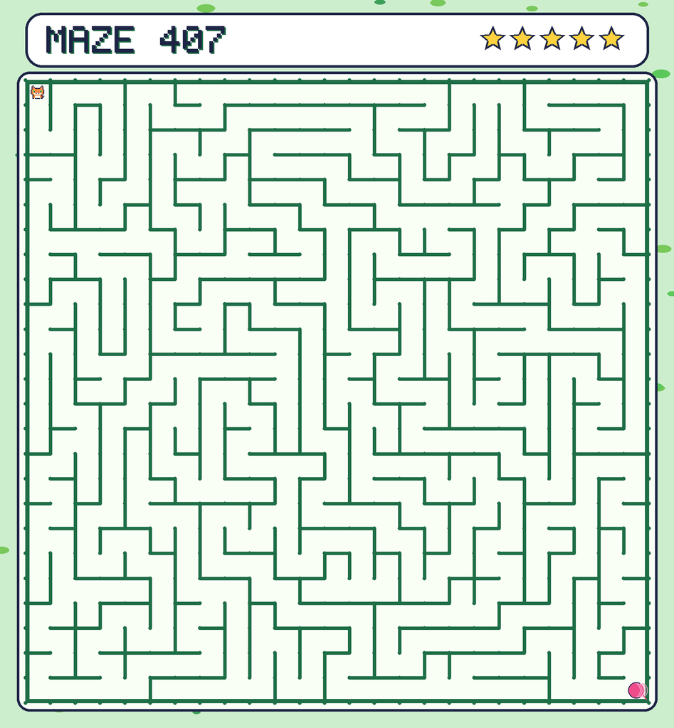 Maze 407. Pixel starts in the top-left corner. The ball of yarn is in the bottom-right corner.