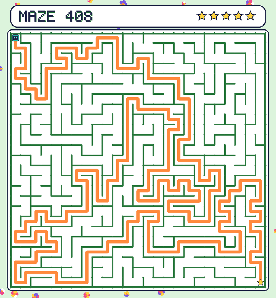 The solved maze 408 with the route drawn as an orange line.