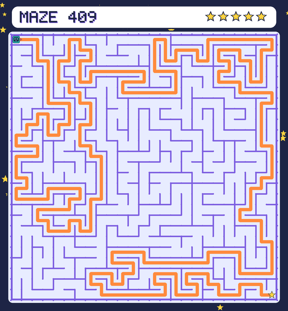 The solved maze 409 with the route drawn as an orange line.