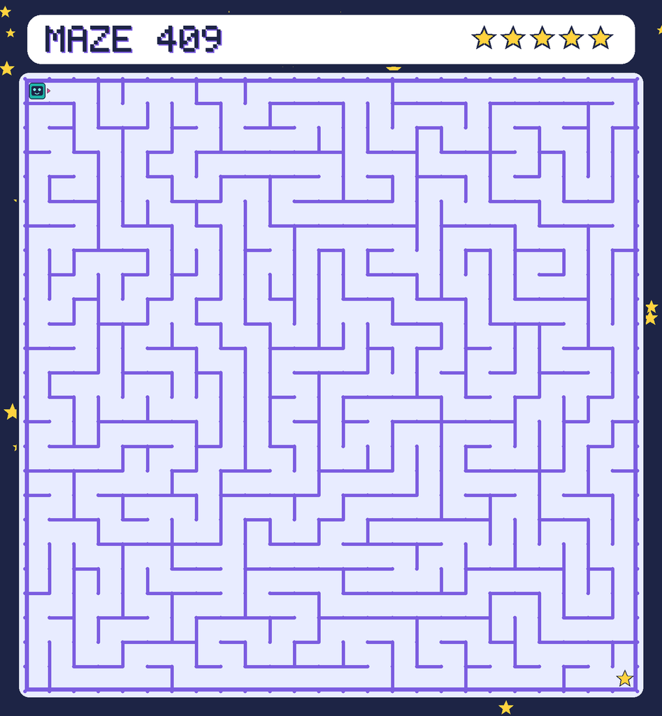 Maze 409. Beep starts in the top-left corner. The gold star is in the bottom-right corner.