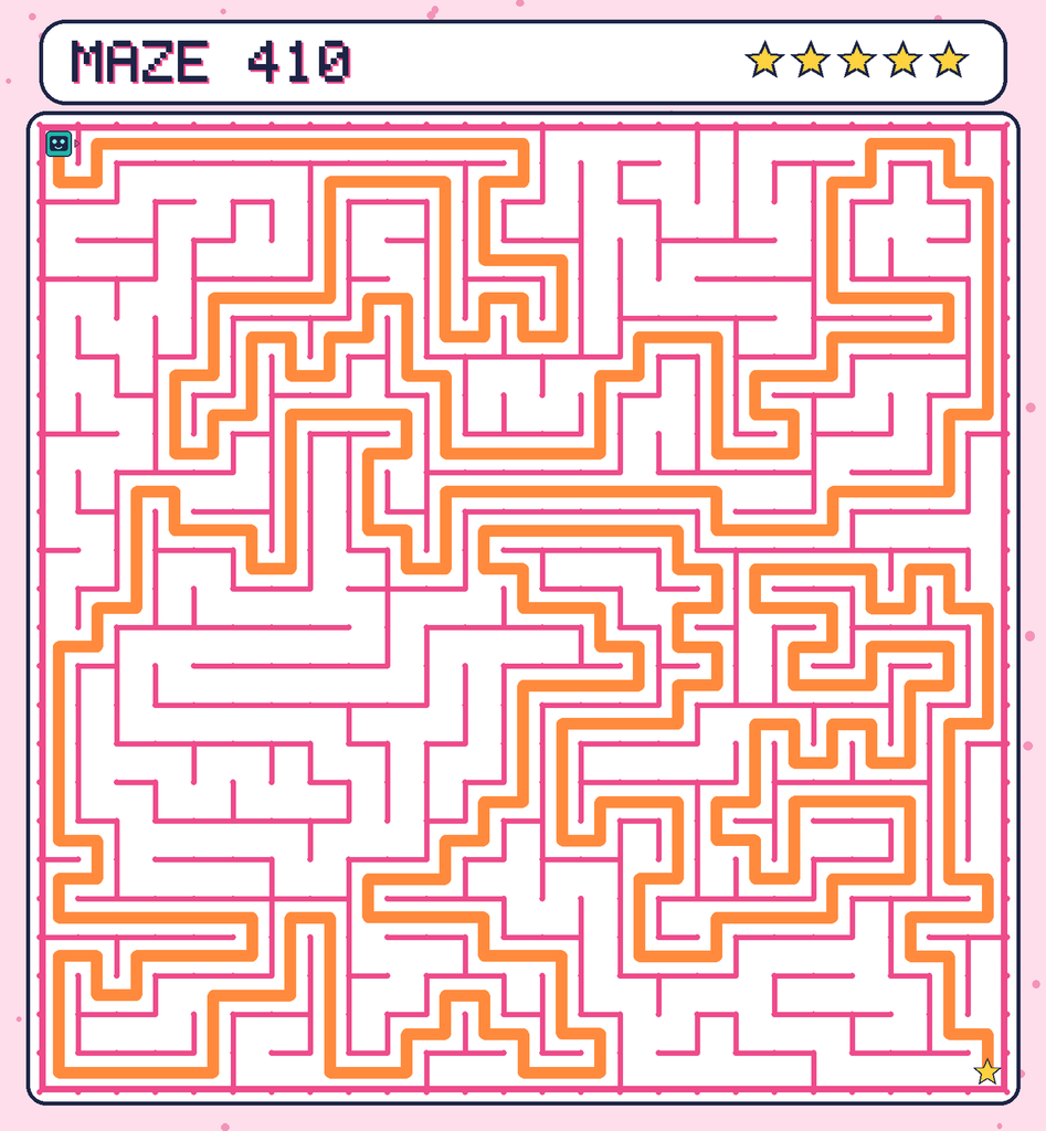 The solved maze 410 with the route drawn as an orange line.