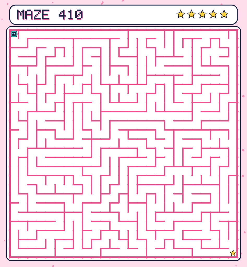Maze 410. Beep starts in the top-left corner. The gold star is in the bottom-right corner.
