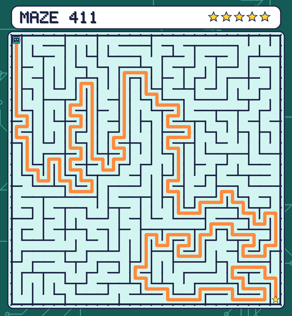 The solved maze 411 with the route drawn as an orange line.
