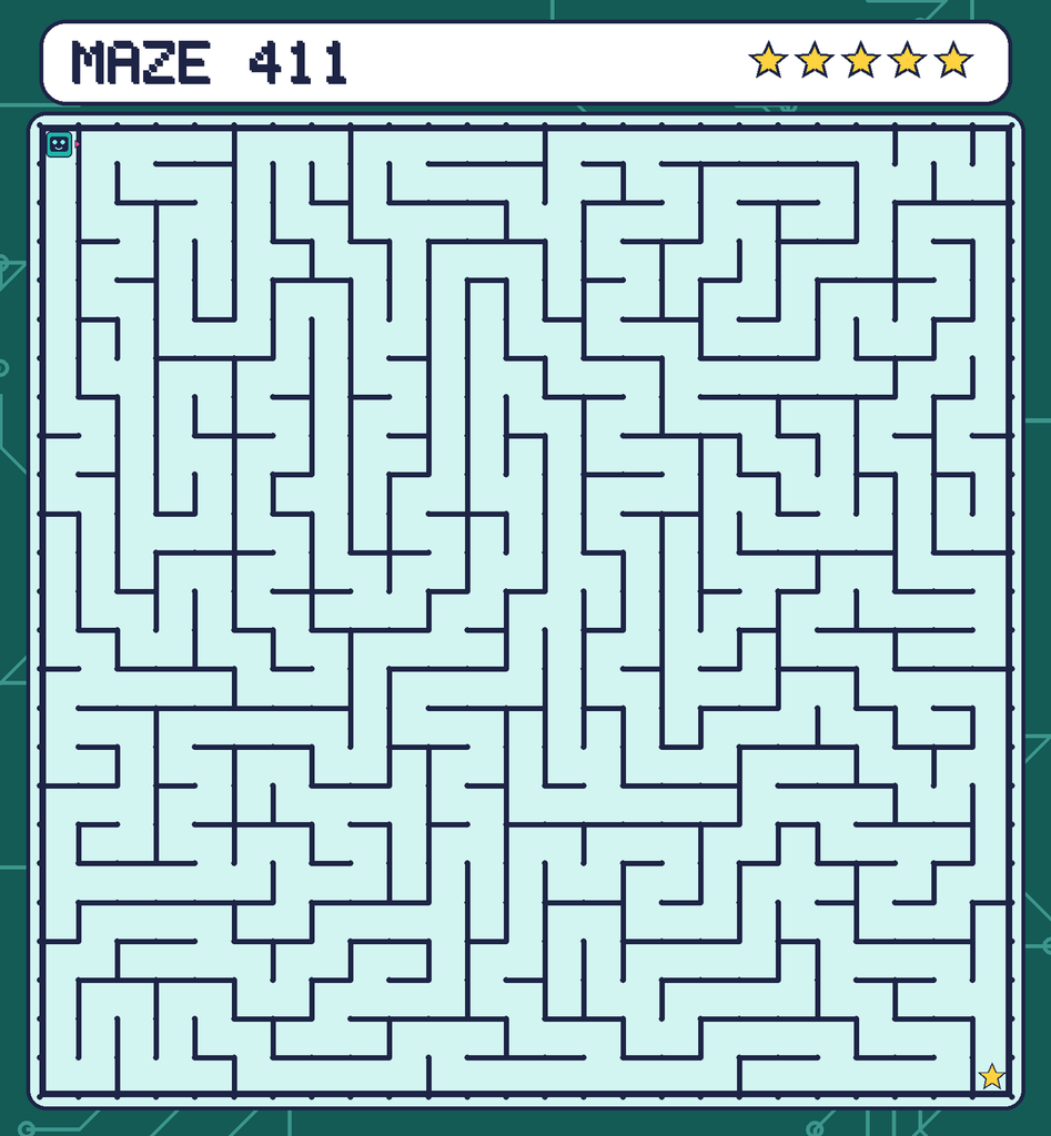 Maze 411. Beep starts in the top-left corner. The gold star is in the bottom-right corner.