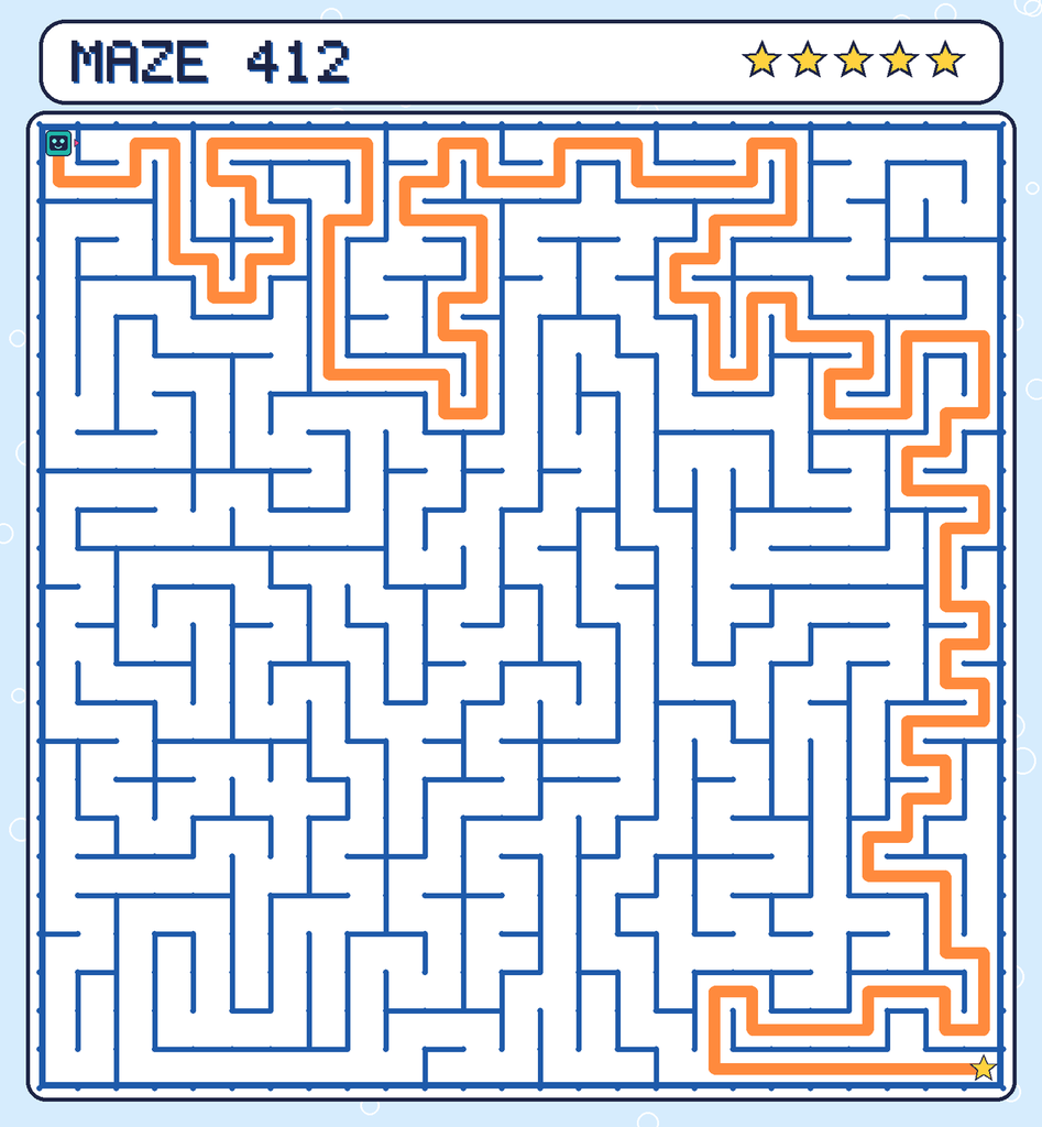 The solved maze 412 with the route drawn as an orange line.