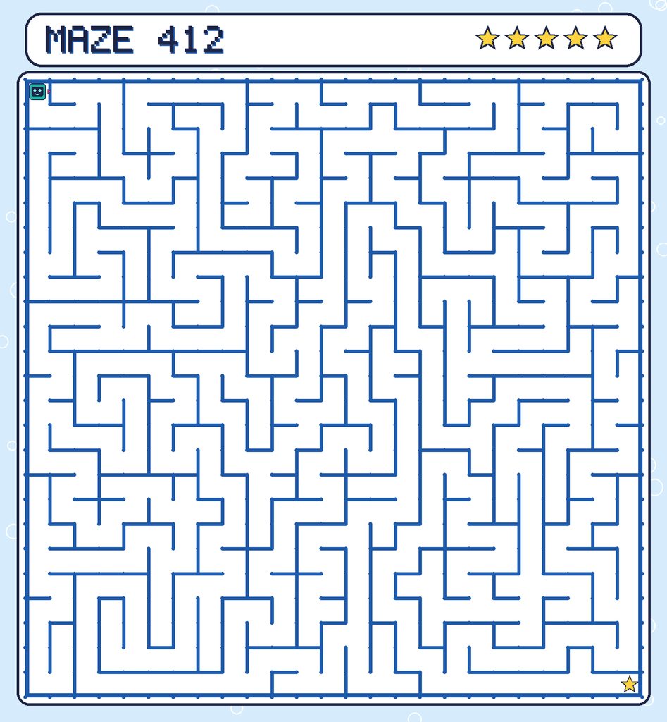 Maze 412. Beep starts in the top-left corner. The gold star is in the bottom-right corner.