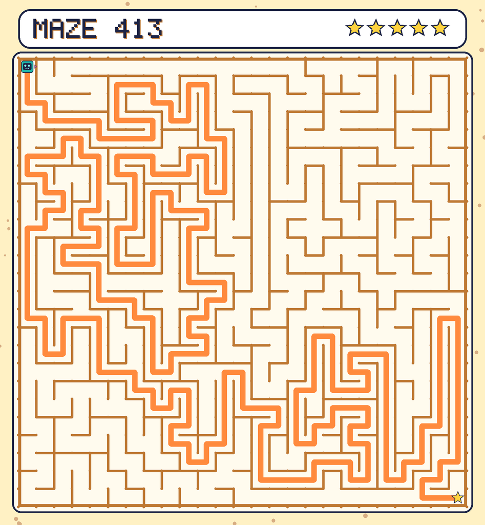 The solved maze 413 with the route drawn as an orange line.