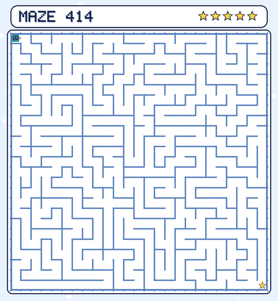 Maze 414. Beep starts in the top-left corner. The gold star is in the bottom-right corner.