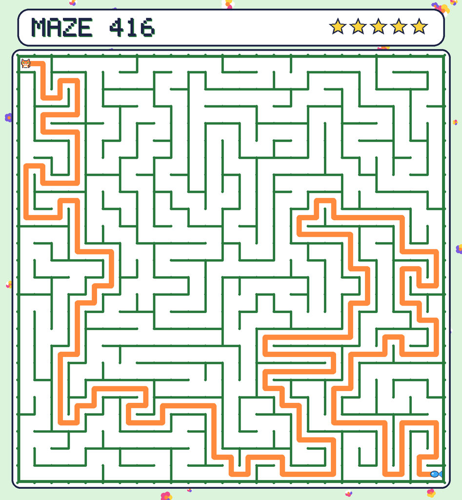 The solved maze 416 with the route drawn as an orange line.
