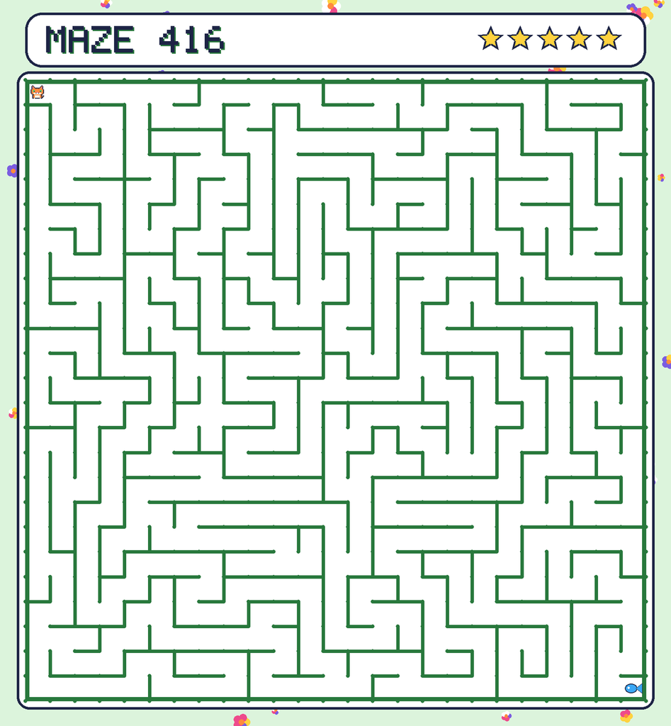 Maze 416. Pixel starts in the top-left corner. The fish is in the bottom-right corner.