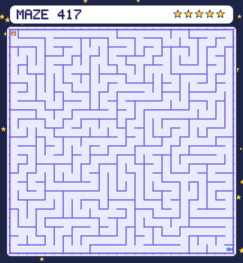 Maze 417. Pixel starts in the top-left corner. The fish is in the bottom-right corner.