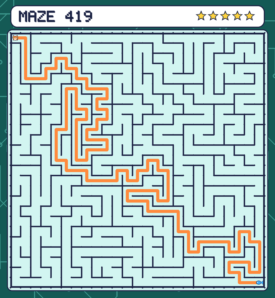 The solved maze 419 with the route drawn as an orange line.