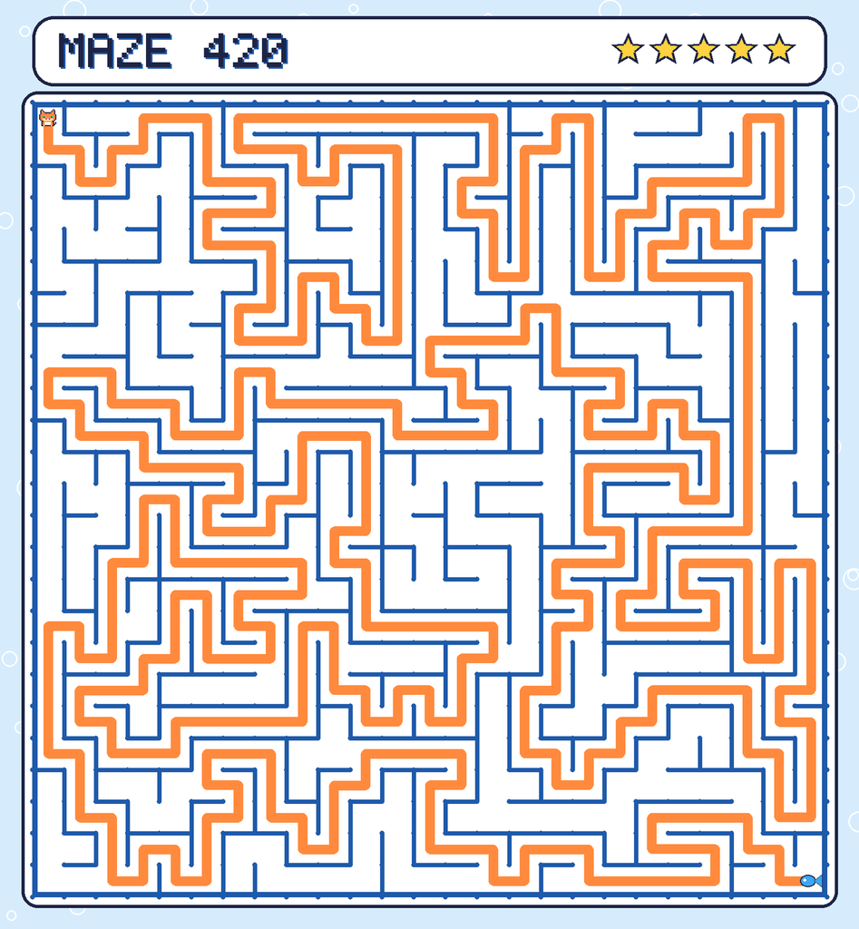 The solved maze 420 with the route drawn as an orange line.