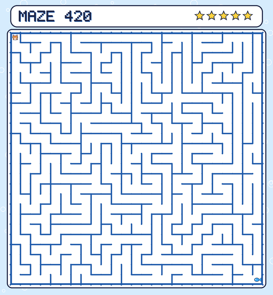 Maze 420. Pixel starts in the top-left corner. The fish is in the bottom-right corner.