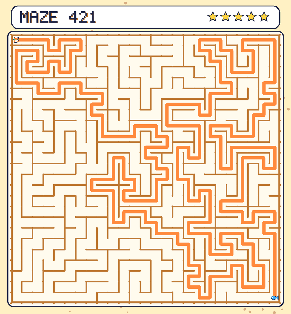 The solved maze 421 with the route drawn as an orange line.