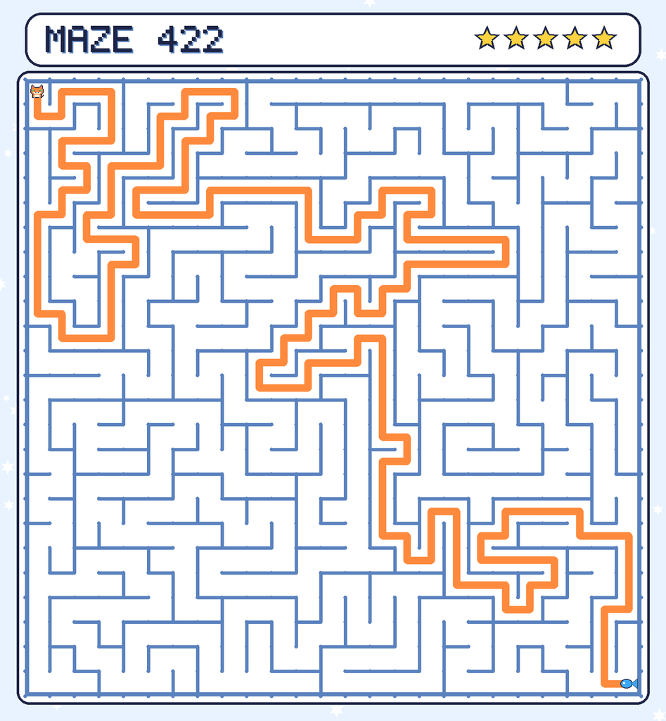 The solved maze 422 with the route drawn as an orange line.