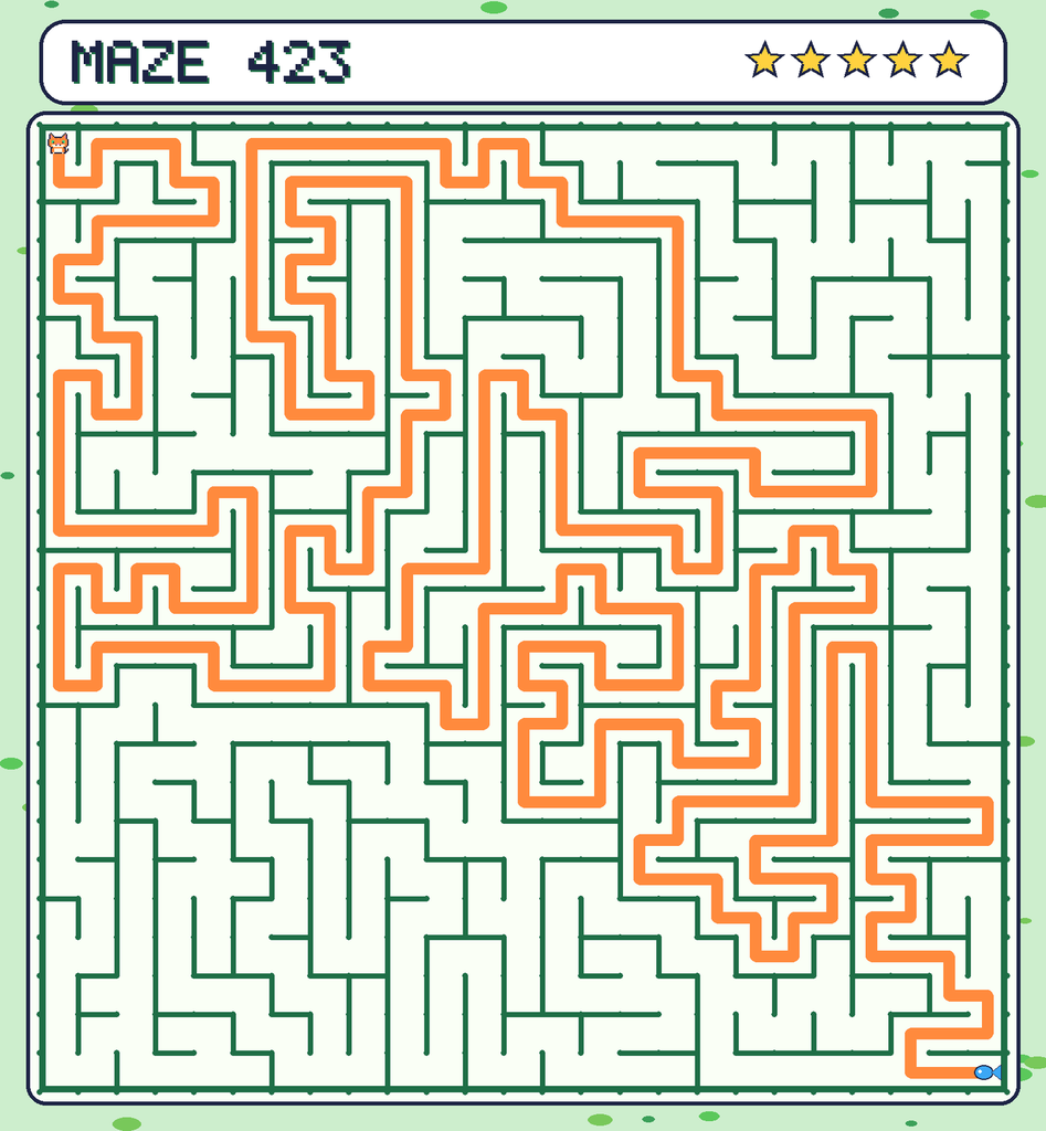 The solved maze 423 with the route drawn as an orange line.
