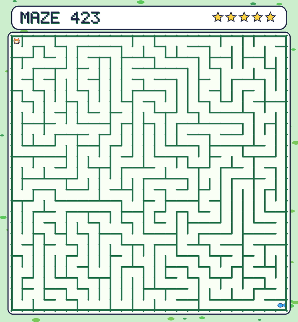 Maze 423. Pixel starts in the top-left corner. The fish is in the bottom-right corner.