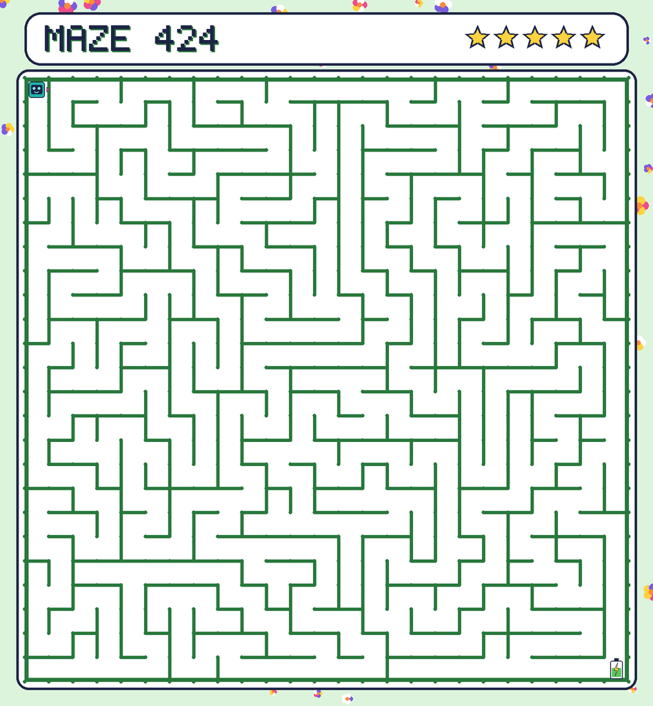 Maze 424. Beep starts in the top-left corner. The battery is in the bottom-right corner.