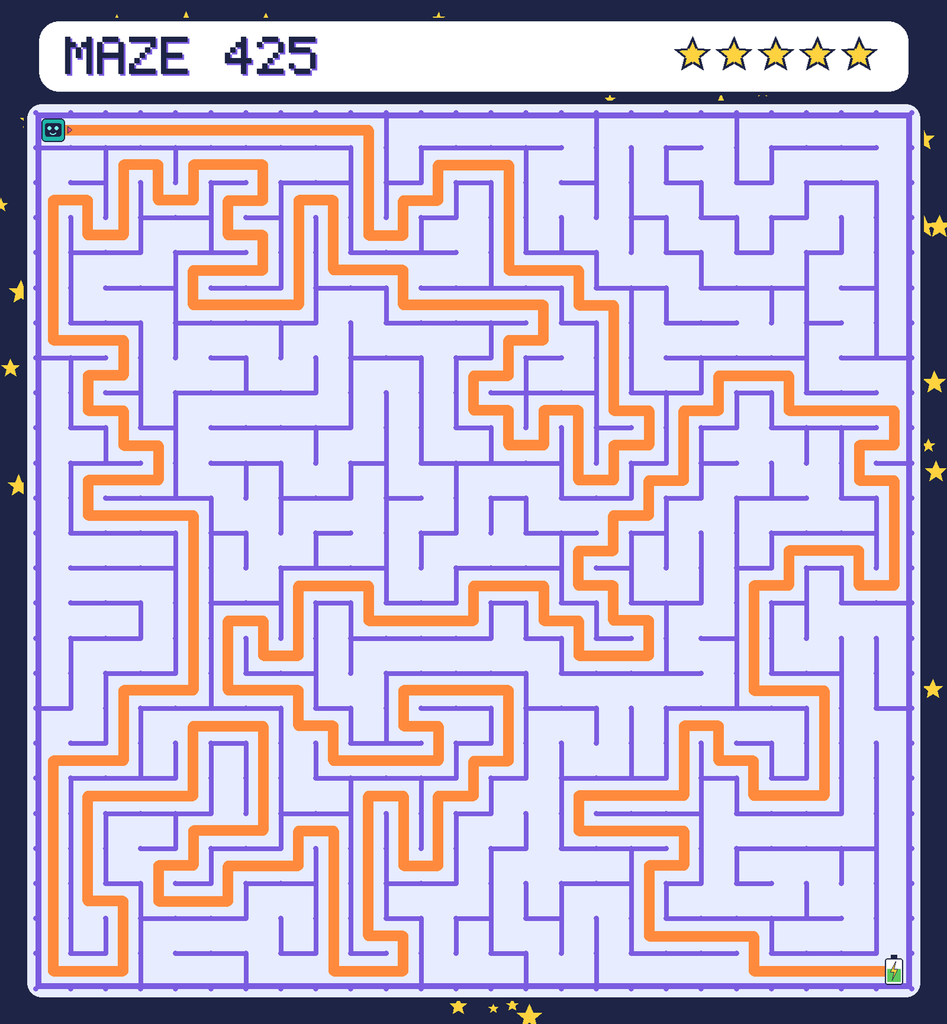The solved maze 425 with the route drawn as an orange line.