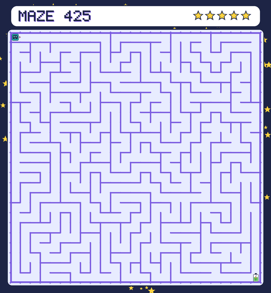 Maze 425. Beep starts in the top-left corner. The battery is in the bottom-right corner.