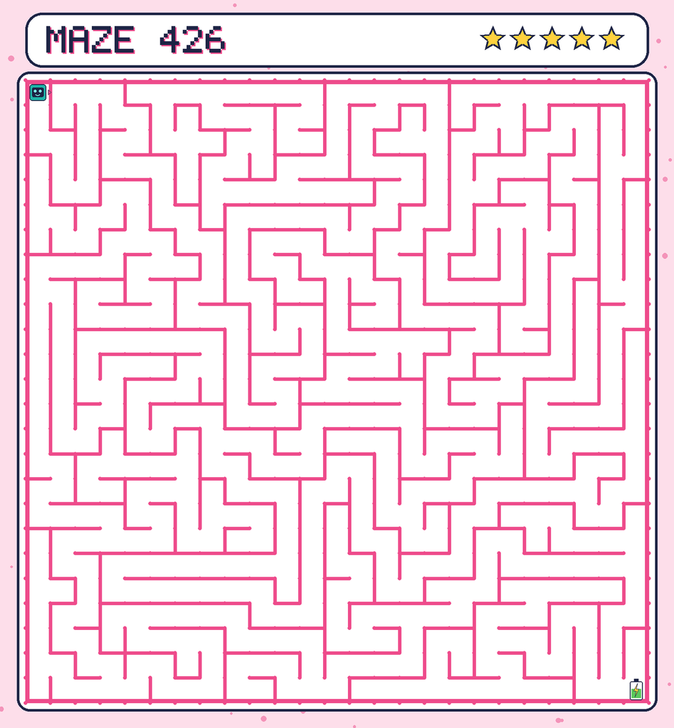 Maze 426. Beep starts in the top-left corner. The battery is in the bottom-right corner.