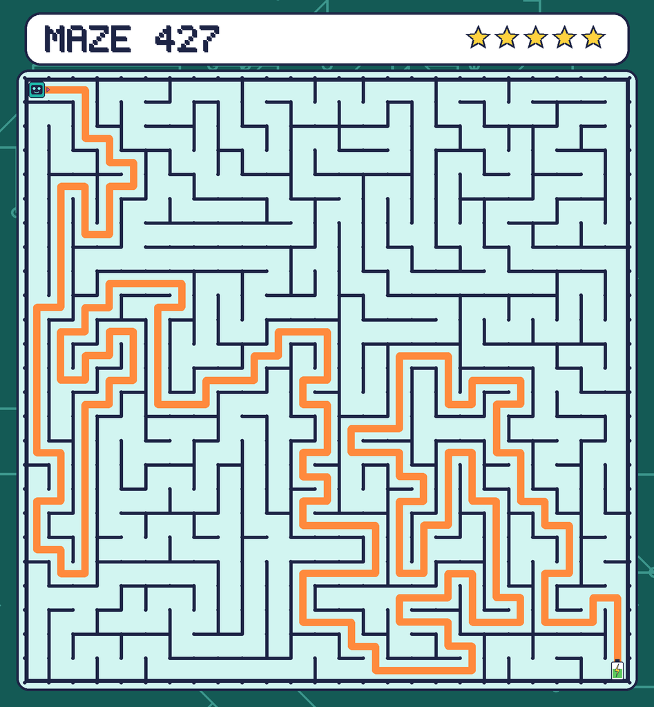The solved maze 427 with the route drawn as an orange line.